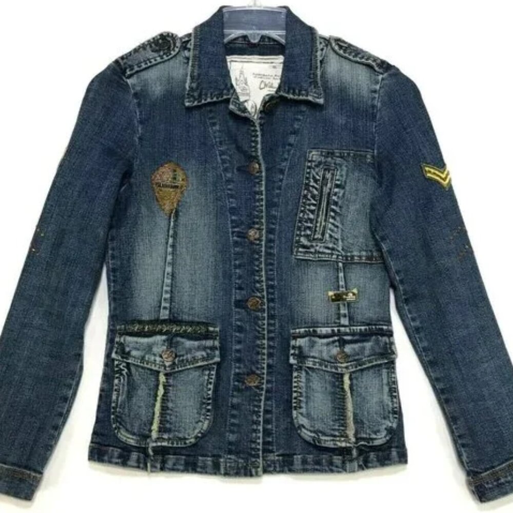 ChiQle Denim Architect Military Embellished Jean Jacket